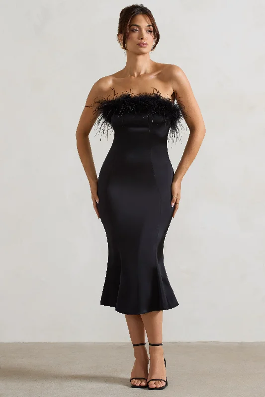 Sleeveless wedding dresses with a beaded belt Wedding guest dresses with ruched bodices and spaghetti straps One And Only | Black Satin Feather Trim Bandeau Midi Dress Sleeveless wedding dresses with a beaded belt Wedding guest dresses with ruched bodices and spaghetti straps One And Only | Black Satin Feather Trim Bandeau Midi Dress