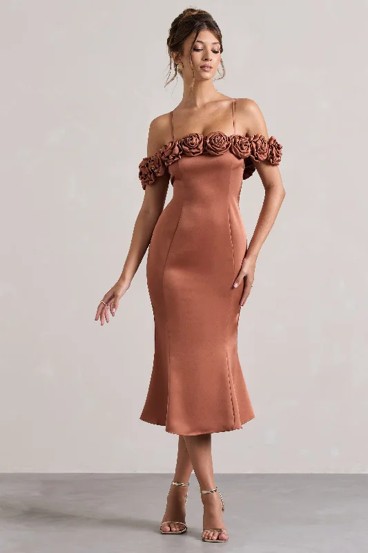 Sleeveless wedding dresses with a beaded belt Wedding guest dresses with ruched bodices and spaghetti straps Petunia | Rust Satin Floral Bardot Midi Dress Sleeveless wedding dresses with a beaded belt Wedding guest dresses with ruched bodices and spaghetti straps Petunia | Rust Satin Floral Bardot Midi Dress