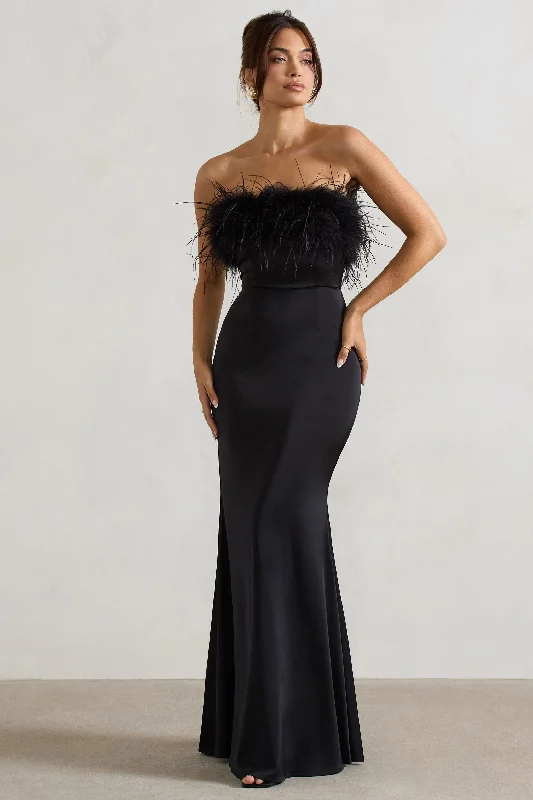 Wedding dresses with a ruched bodice for a textured look Wedding guest dresses with cold - shoulder ruffled sleeves and knee - length hems Dress For It | Black Satin Feather Trim Bandeau Maxi Dress Wedding dresses with a ruched bodice for a textured look Wedding guest dresses with cold - shoulder ruffled sleeves and knee - length hems Dress For It | Black Satin Feather Trim Bandeau Maxi Dress