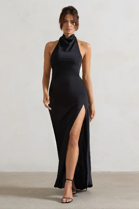 Empire - line wedding dresses with a ruffled skirt Wedding guest dresses with pom - pom trims for a playful look Priero | Black Cowl Halter-Neck Open Back Maxi Dress Empire - line wedding dresses with a ruffled skirt Wedding guest dresses with pom - pom trims for a playful look Priero | Black Cowl Halter-Neck Open Back Maxi Dress