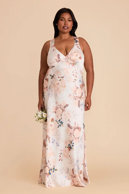 Maternity dress for a baby's first visit to the rooftop garden Veronica Matte Satin Dress - Champagne Cascadia Bouquet Maternity dress for a baby's first visit to the rooftop garden Veronica Matte Satin Dress - Champagne Cascadia Bouquet