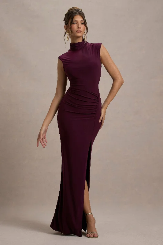 Tea - length wedding dresses with a vintage charm Wedding guest dresses with high - low hems and floral appliques Lanetta | Plum Ruched High-Neck Maxi Dress With Split Tea - length wedding dresses with a vintage charm Wedding guest dresses with high - low hems and floral appliques Lanetta | Plum Ruched High-Neck Maxi Dress With Split