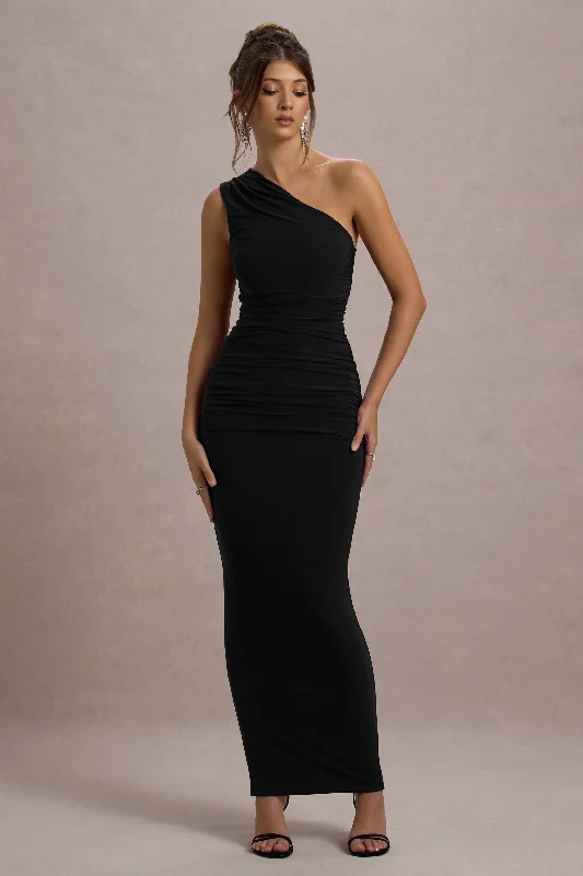 Wedding dresses with a built - in petticoat for added volume​ Wedding guest dresses with patchwork designs for a unique look Dalarie | Black One-Shoulder Gathered Maxi Dress