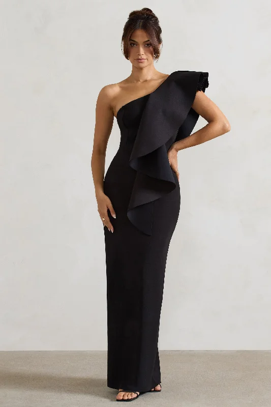 Sequined wedding dresses for a glamorous look Wedding guest dresses with button - down fronts and A - line silhouettes Timeless Love | Black Asymmetric Draped Ruffle Maxi Dress Sequined wedding dresses for a glamorous look Wedding guest dresses with button - down fronts and A - line silhouettes Timeless Love | Black Asymmetric Draped Ruffle Maxi Dress