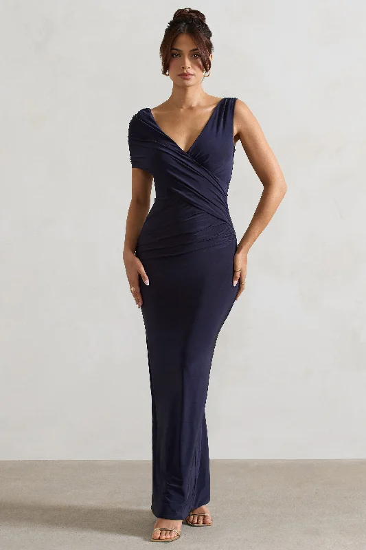 Long - train wedding dresses with a sweep train option Wedding guest dresses with abstract prints and long trains Capella | Navy Asymmetric Wrap Maxi Dress Long - train wedding dresses with a sweep train option Wedding guest dresses with abstract prints and long trains Capella | Navy Asymmetric Wrap Maxi Dress