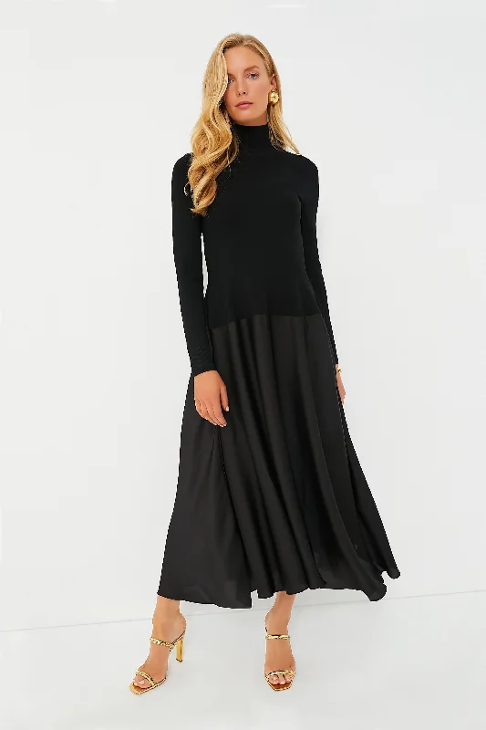 Midi dresses with asymmetric hems for a fashion - forward and dynamic appearance Black Frances Long Sleeve Satin Combo Midi Dress Midi dresses with asymmetric hems for a fashion - forward and dynamic appearance Black Frances Long Sleeve Satin Combo Midi Dress