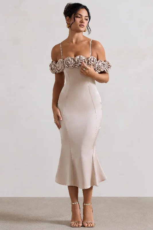 Sheath satin wedding dresses for a sleek appearance Midi wedding guest dresses in navy blue for a formal affair Petunia | Champagne Satin Floral Bardot Midi Dress Sheath satin wedding dresses for a sleek appearance Midi wedding guest dresses in navy blue for a formal affair Petunia | Champagne Satin Floral Bardot Midi Dress