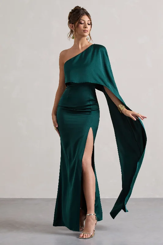 Trumpet - style wedding dresses with a train Long - sleeved wedding guest dresses in velvet for a winter wedding Amora | Bottle Green Satin Asymmetric Cape-Sleeve Split Maxi Dress Trumpet - style wedding dresses with a train Long - sleeved wedding guest dresses in velvet for a winter wedding Amora | Bottle Green Satin Asymmetric Cape-Sleeve Split Maxi Dress