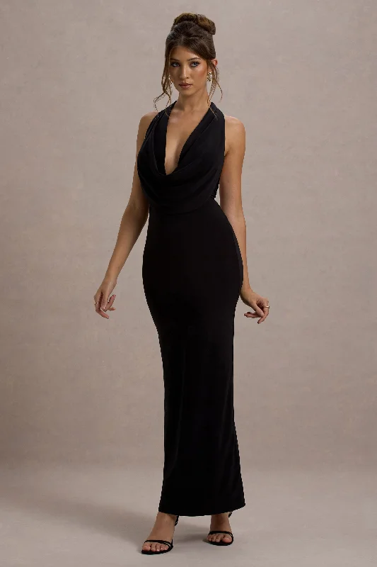 Long - train wedding dresses with a sweep train option Wedding guest dresses with abstract prints and long trains Edessa | Black Plunge-Neck Maxi Dress Long - train wedding dresses with a sweep train option Wedding guest dresses with abstract prints and long trains Edessa | Black Plunge-Neck Maxi Dress