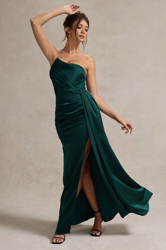 Sheer - panel wedding dresses with a touch of elegance Ribbed - texture wedding guest dresses in neutral colors Hollywood | Bottle Green Satin Strapless Draped Maxi Dress Sheer - panel wedding dresses with a touch of elegance Ribbed - texture wedding guest dresses in neutral colors Hollywood | Bottle Green Satin Strapless Draped Maxi Dress