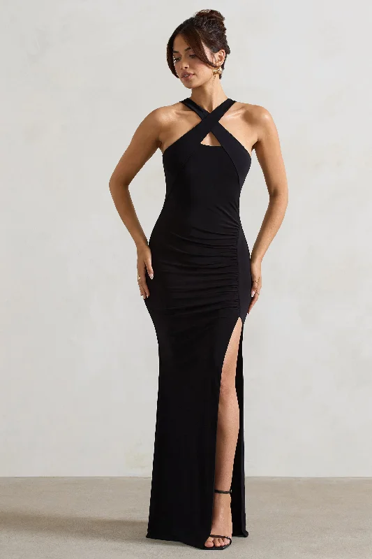 Appliqued wedding dresses with 3D floral designs Sheer wedding guest dresses with lace inserts and long sleeves Jianna | Black Cross Over Halter-Neck Split Maxi Dress Appliqued wedding dresses with 3D floral designs Sheer wedding guest dresses with lace inserts and long sleeves Jianna | Black Cross Over Halter-Neck Split Maxi Dress