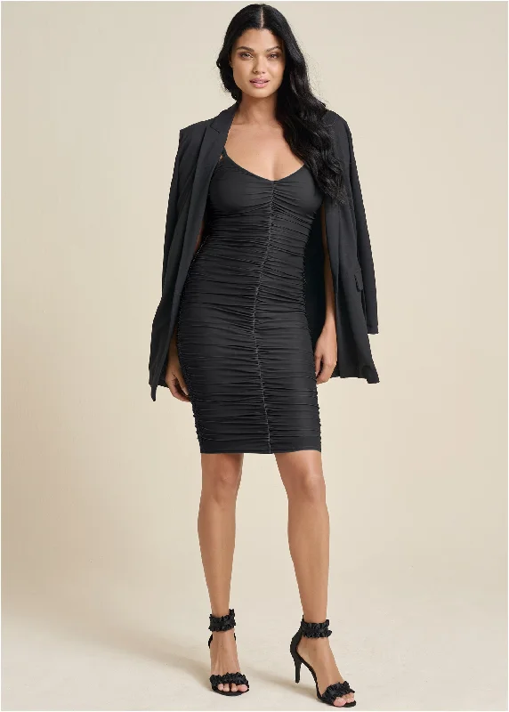 Strapless mini dresses for a beach vacation Ruched Mini Dress - Black