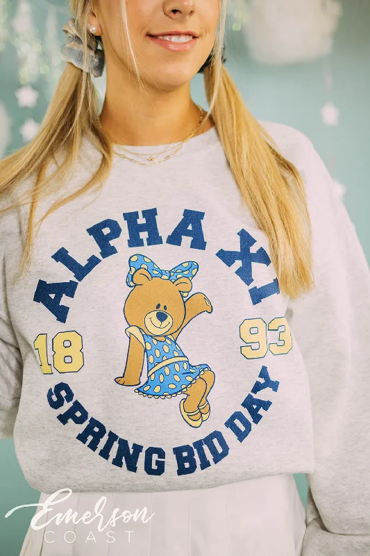 Distressed Women T Shirt with a Laid - Back AestheticAlpha Xi Bear Spring Bid Day Sweatshirt Distressed Women T Shirt with a Laid - Back AestheticAlpha Xi Bear Spring Bid Day Sweatshirt