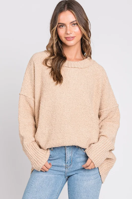 Plus Size Women's Ruffled Hem Sweaters in Floral PrintsFloral Print Women Sweater for a Feminine AppealBeige Knit Exposed Seam Sweater Plus Size Women's Ruffled Hem Sweaters in Floral PrintsFloral Print Women Sweater for a Feminine AppealBeige Knit Exposed Seam Sweater