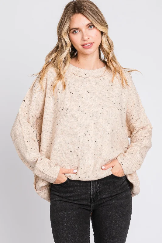 Bell - Sleeve Women's Mohair - Wool Blend SweatersStriped Women Sweater with a Timeless PatternBeige Speckled Knit Sweater Bell - Sleeve Women's Mohair - Wool Blend SweatersStriped Women Sweater with a Timeless PatternBeige Speckled Knit Sweater