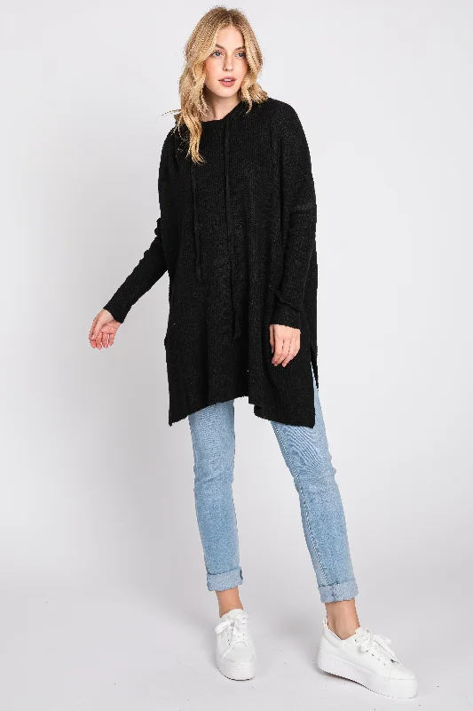Plus Size Women's Sequined Sweaters for Special OccasionsButton - Down Women Sweater for a Versatile LookBlack Knit Hooded Side Slit Sweater Plus Size Women's Sequined Sweaters for Special OccasionsButton - Down Women Sweater for a Versatile LookBlack Knit Hooded Side Slit Sweater