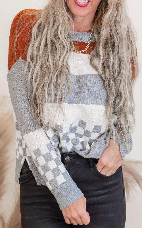 Cropped Women's Angora Blend Sweaters for a Trendy LookPlus - Size Women Sweater with a Flattering FitCopper Colorblock Checkerboard Sweater Cropped Women's Angora Blend Sweaters for a Trendy LookPlus - Size Women Sweater with a Flattering FitCopper Colorblock Checkerboard Sweater