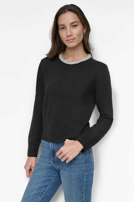 Plus Size Women's Side - Slit Sweaters in Bold SolidsSequin - Embellished Women Sweater for Special OccasionsCREW NECK WITH RHINESTONE TRIM AT NECK Plus Size Women's Side - Slit Sweaters in Bold SolidsSequin - Embellished Women Sweater for Special OccasionsCREW NECK WITH RHINESTONE TRIM AT NECK