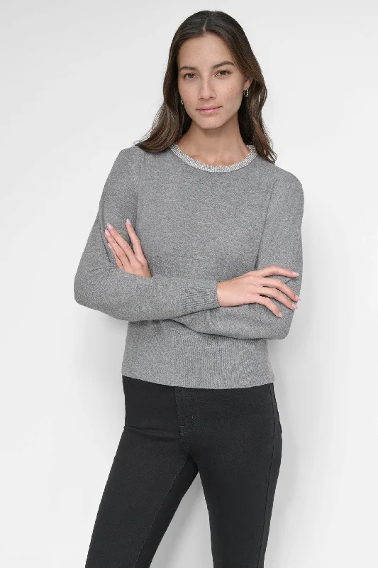 Plus Size Women's Embroidered Sweaters in Ethnic StylesOrganic Cotton Women Sweater for an Eco - Friendly ChoiceCREW NECK WITH RHINESTONE TRIM AT NECK Plus Size Women's Embroidered Sweaters in Ethnic StylesOrganic Cotton Women Sweater for an Eco - Friendly ChoiceCREW NECK WITH RHINESTONE TRIM AT NECK