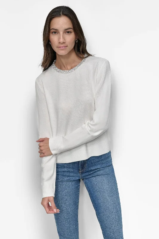 Plus Size Women's Sequined Sweaters for Special OccasionsButton - Down Women Sweater for a Versatile LookCREW NECK WITH RHINESTONE TRIM AT NECK Plus Size Women's Sequined Sweaters for Special OccasionsButton - Down Women Sweater for a Versatile LookCREW NECK WITH RHINESTONE TRIM AT NECK