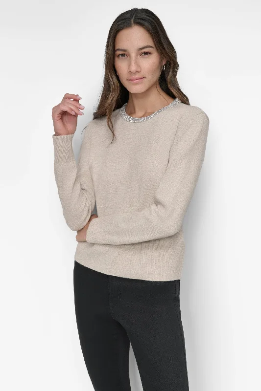 Tie - Front Women's Lambswool Sweaters in Pastel HuesHand - Knitted Women Sweater with Artisanal CharmCREW NECK WITH RHINESTONE TRIM AT NECK Tie - Front Women's Lambswool Sweaters in Pastel HuesHand - Knitted Women Sweater with Artisanal CharmCREW NECK WITH RHINESTONE TRIM AT NECK