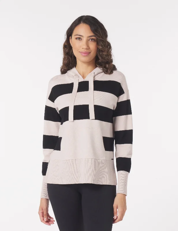 Sleeveless Women's Silk - Trimmed Sweaters for SummerLong - Sleeve Women Sweater with Ribbed CuffsElite Hoodie: Oatmilk/Black Rugby Stripe Sleeveless Women's Silk - Trimmed Sweaters for SummerLong - Sleeve Women Sweater with Ribbed CuffsElite Hoodie: Oatmilk/Black Rugby Stripe