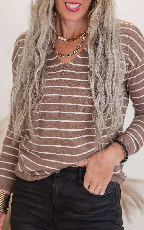 Split - Hem Women's Linen Blend Sweaters for SpringMock - Neck Women Sweater for a Modern TwistMocha Striped V-Neck Sweater Split - Hem Women's Linen Blend Sweaters for SpringMock - Neck Women Sweater for a Modern TwistMocha Striped V-Neck Sweater