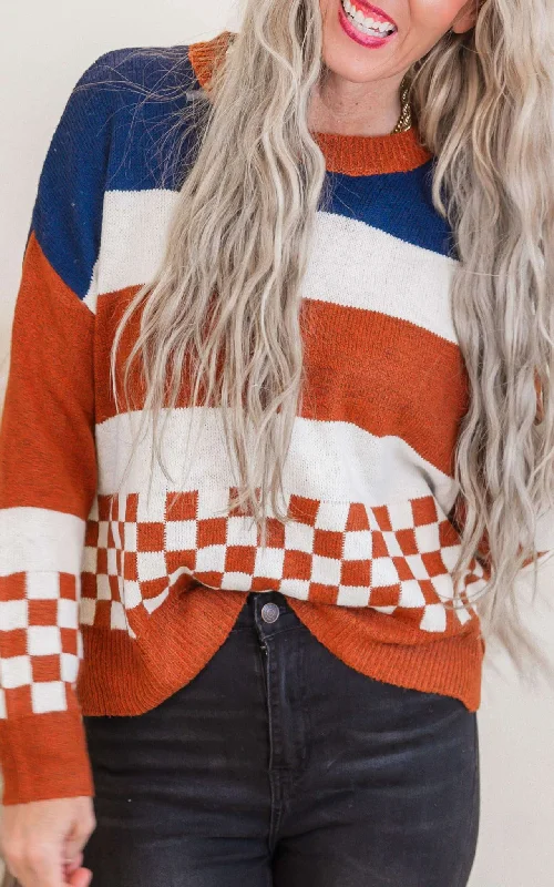 Bell - Sleeve Women's Mohair - Wool Blend SweatersStriped Women Sweater with a Timeless PatternNavy Colorblock Checkerboard Sweater Bell - Sleeve Women's Mohair - Wool Blend SweatersStriped Women Sweater with a Timeless PatternNavy Colorblock Checkerboard Sweater