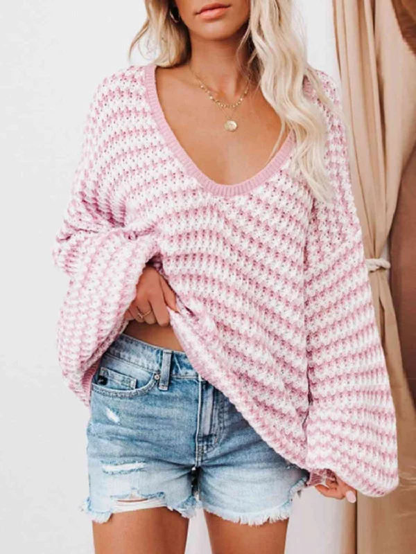 Plus Size Women's Sequined Sweaters for Special OccasionsButton - Down Women Sweater for a Versatile LookStriped Drop Shoulder V-Neck Sweater Plus Size Women's Sequined Sweaters for Special OccasionsButton - Down Women Sweater for a Versatile LookStriped Drop Shoulder V-Neck Sweater