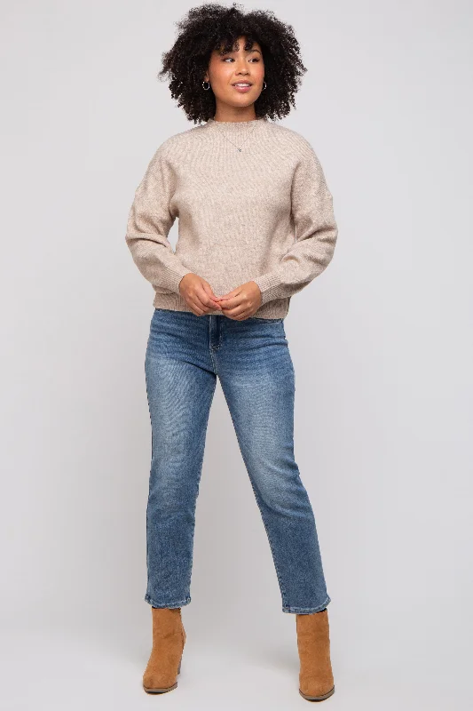 Split - Hem Women's Linen Blend Sweaters for SpringMock - Neck Women Sweater for a Modern TwistTaupe Bubble Sleeve Sweater Split - Hem Women's Linen Blend Sweaters for SpringMock - Neck Women Sweater for a Modern TwistTaupe Bubble Sleeve Sweater