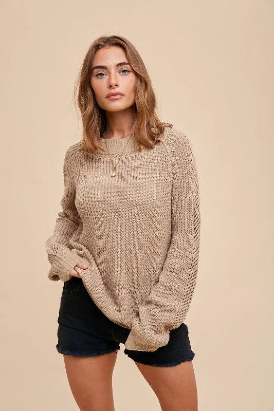 Bell - Sleeve Women's Mohair - Wool Blend SweatersStriped Women Sweater with a Timeless PatternTaupe Open Knit Sweater Bell - Sleeve Women's Mohair - Wool Blend SweatersStriped Women Sweater with a Timeless PatternTaupe Open Knit Sweater