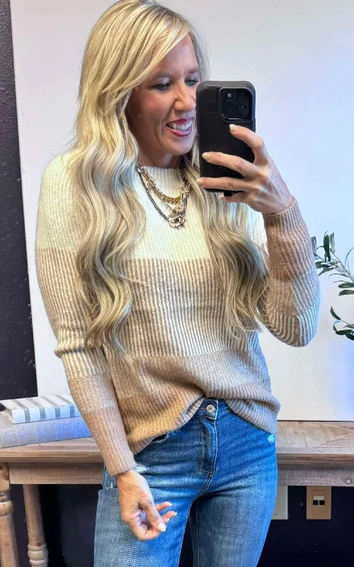 Mock Neck Women's Alpaca Wool Sweaters in Earth TonesColor - Blocked Women Sweater for a Bold Fashion StatementTaupe Ribbed Color Block Sweater Mock Neck Women's Alpaca Wool Sweaters in Earth TonesColor - Blocked Women Sweater for a Bold Fashion StatementTaupe Ribbed Color Block Sweater