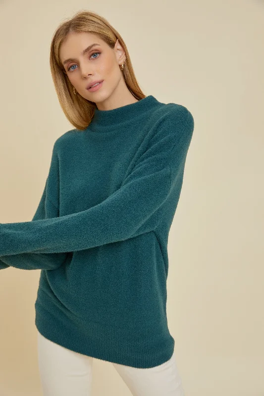 High - Low Hem Women's Cashmere - Blended SweatersCropped Women Sweater to Pair with High - Waisted BottomsTeal Fuzzy Knit Mock Neck Sweater High - Low Hem Women's Cashmere - Blended SweatersCropped Women Sweater to Pair with High - Waisted BottomsTeal Fuzzy Knit Mock Neck Sweater