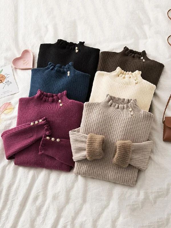 Bell - Sleeve Women's Mohair - Wool Blend SweatersStriped Women Sweater with a Timeless PatternWinter Ruffled Mock Neck Sweaters Bell - Sleeve Women's Mohair - Wool Blend SweatersStriped Women Sweater with a Timeless PatternWinter Ruffled Mock Neck Sweaters