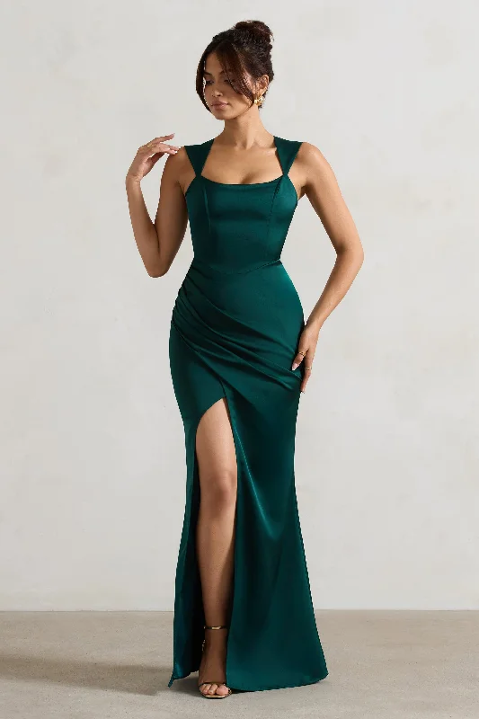 Plus Size Women Dress with a Flattering A - Line Cut for Comfort and StyleA Romantic | Green Satin Corset Wrap Maxi Dress Plus Size Women Dress with a Flattering A - Line Cut for Comfort and StyleA Romantic | Green Satin Corset Wrap Maxi Dress