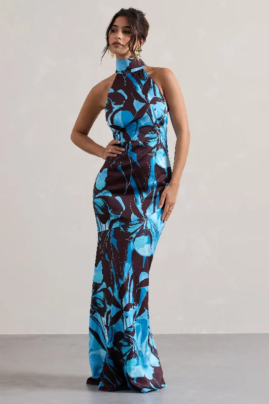Ball Gown Women Dress with a Full Skirt for a Princess - like LookAdoria | Floral Print Satin High-Neck Maxi Dress Ball Gown Women Dress with a Full Skirt for a Princess - like LookAdoria | Floral Print Satin High-Neck Maxi Dress