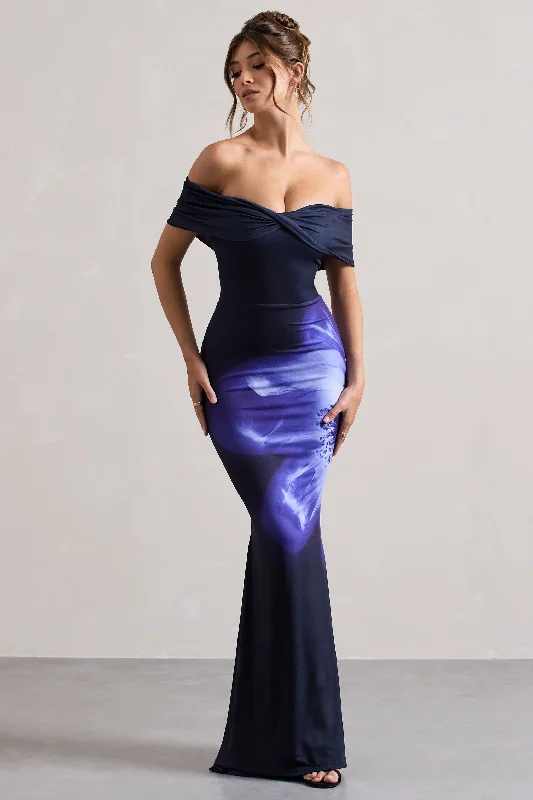 Backless Women Dress for a Sexy and Alluring Look at Evening EventsAlaia | Navy Floral Print Bardot Maxi Dress Backless Women Dress for a Sexy and Alluring Look at Evening EventsAlaia | Navy Floral Print Bardot Maxi Dress