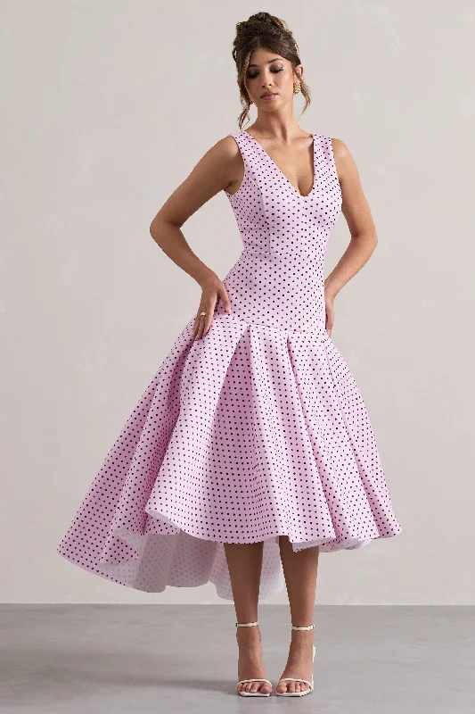 Lace - Embellished Women Dress for an Elegant and Sophisticated AppearanceAmoret | Pink Polka Dot Plunge-Neck Maxi Dress With Volume Hem Lace - Embellished Women Dress for an Elegant and Sophisticated AppearanceAmoret | Pink Polka Dot Plunge-Neck Maxi Dress With Volume Hem