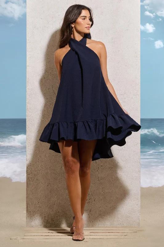 Maxi Women Dress with Floral Print for a Bohemian VibeAugust | Navy Halter-Neck Smock Mini Dress Maxi Women Dress with Floral Print for a Bohemian VibeAugust | Navy Halter-Neck Smock Mini Dress