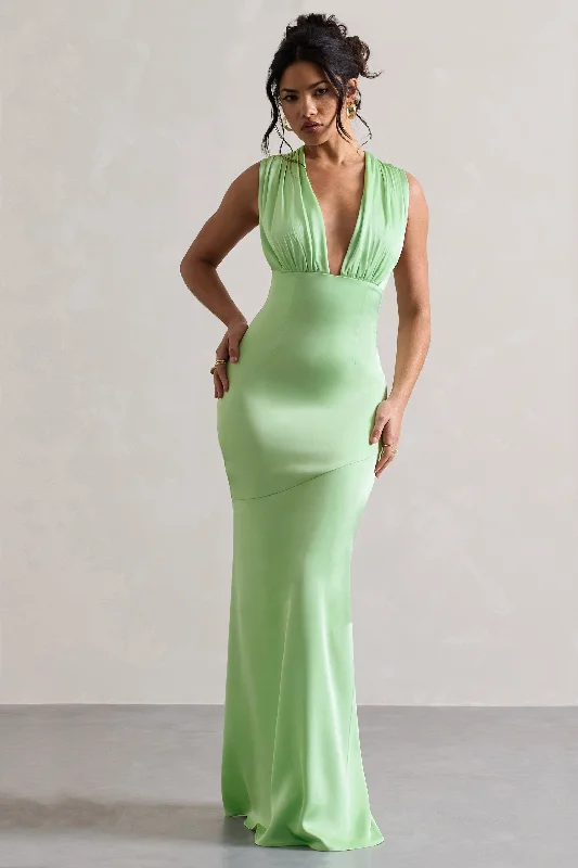 Ball Gown Women Dress with a Full Skirt for a Princess - like LookAzzara | Light Green Satin Ruched V-Neck Maxi Dress Ball Gown Women Dress with a Full Skirt for a Princess - like LookAzzara | Light Green Satin Ruched V-Neck Maxi Dress