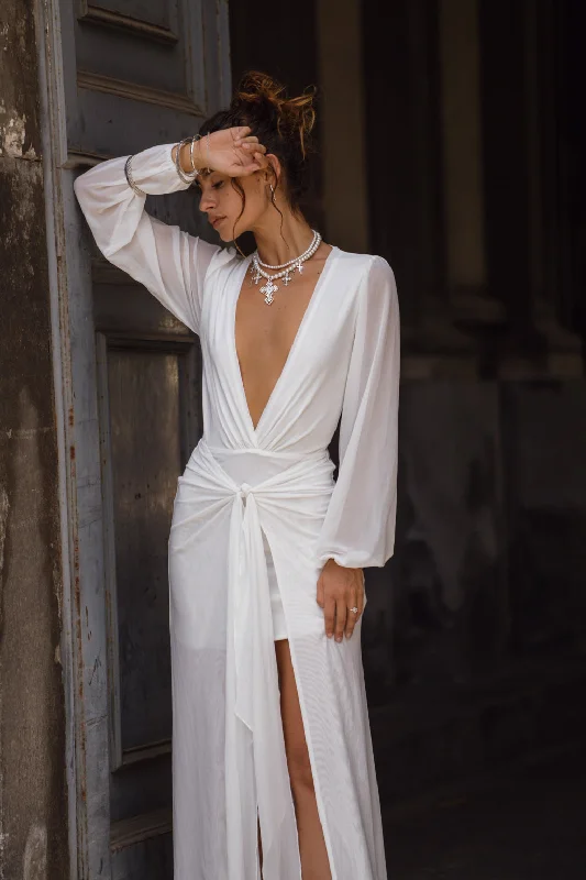 Ball Gown Women Dress with a Full Skirt for a Princess - like LookBella White Mesh Plunge Maxi Dress Ball Gown Women Dress with a Full Skirt for a Princess - like LookBella White Mesh Plunge Maxi Dress