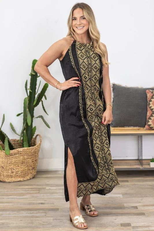 Halter Neck Women Dress to Show Off the Shoulders and NecklineBlack And Gold Embroidery Detail Maxi Dress Halter Neck Women Dress to Show Off the Shoulders and NecklineBlack And Gold Embroidery Detail Maxi Dress