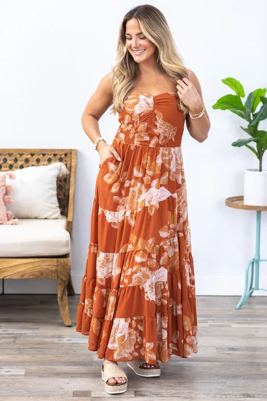 Mermaid - Style Women Dress with a Fitted Silhouette for Special OccasionsBurnt Orange Floral Spiral Tiered Maxi Dress Mermaid - Style Women Dress with a Fitted Silhouette for Special OccasionsBurnt Orange Floral Spiral Tiered Maxi Dress