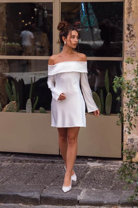 Empire Waist Women Dress to Accentuate the Bust and Conceal the WaistCelia White Off Shoulder Satin Mini Dress Empire Waist Women Dress to Accentuate the Bust and Conceal the WaistCelia White Off Shoulder Satin Mini Dress
