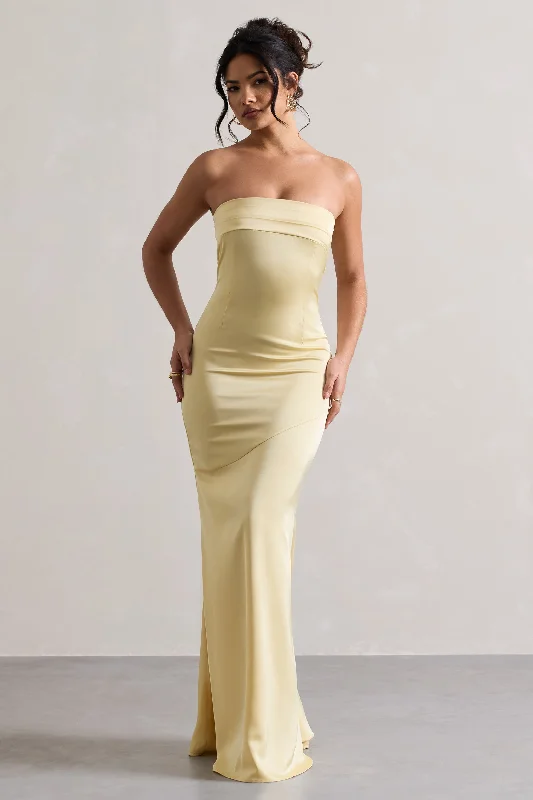 Strapless Women Dress with a Built - in Bra for Comfort and SupportColada | Lemon Satin Pleated Bandeau Maxi Dress Strapless Women Dress with a Built - in Bra for Comfort and SupportColada | Lemon Satin Pleated Bandeau Maxi Dress