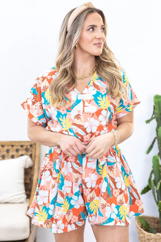Strapless Women Dress with a Built - in Bra for Comfort and SupportCoral Tropical Floral Print Romper Strapless Women Dress with a Built - in Bra for Comfort and SupportCoral Tropical Floral Print Romper