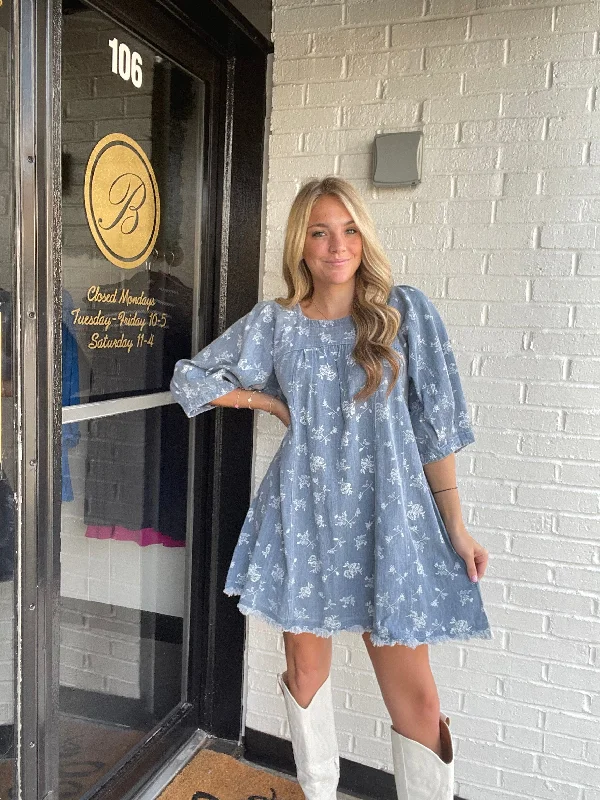 Strapless Women Dress with a Built - in Bra for Comfort and SupportDenim & White Floral Dress Strapless Women Dress with a Built - in Bra for Comfort and SupportDenim & White Floral Dress