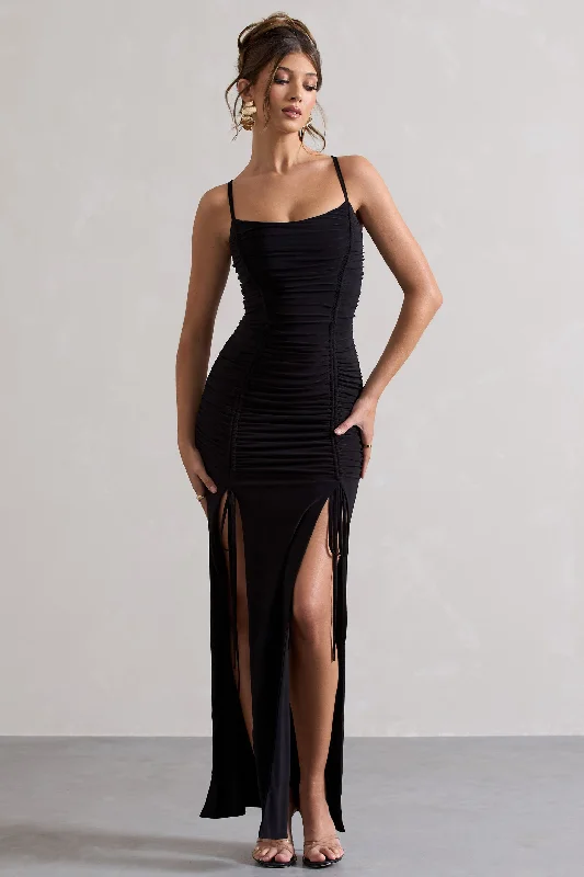 Ball Gown Women Dress with a Full Skirt for a Princess - like LookDevon | Black Ruched Strappy Maxi Dress With Splits Ball Gown Women Dress with a Full Skirt for a Princess - like LookDevon | Black Ruched Strappy Maxi Dress With Splits