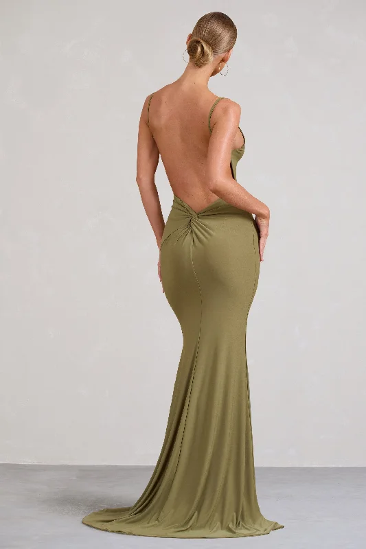 Sleeveless Women Dress in Bright Colors for Summer PartiesEndless Love | Olive Backless Knot Detail Fishtail Maxi Dress Sleeveless Women Dress in Bright Colors for Summer PartiesEndless Love | Olive Backless Knot Detail Fishtail Maxi Dress