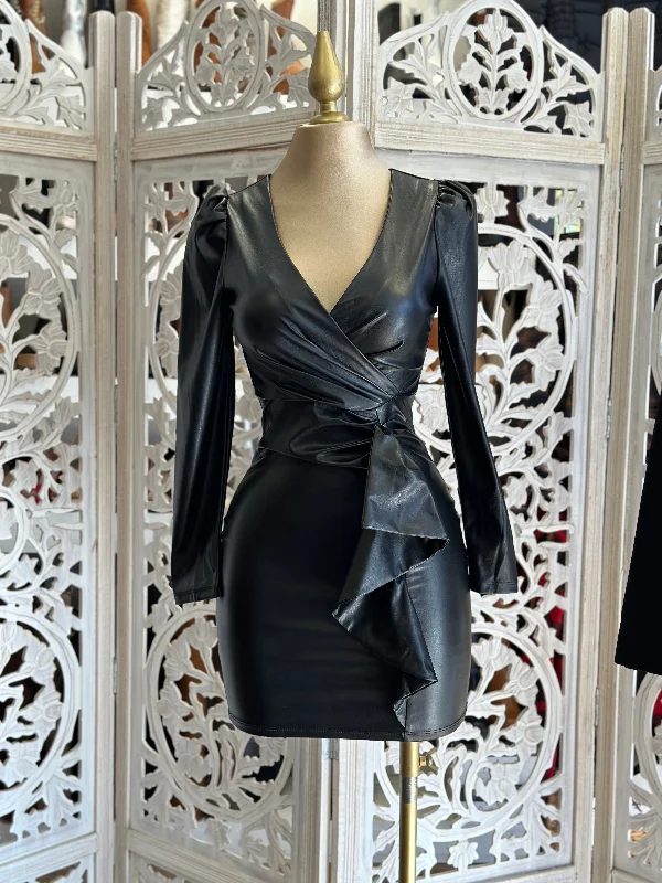 Halter Neck Women Dress to Show Off the Shoulders and NecklineFaux Leather Wrapped Dress Halter Neck Women Dress to Show Off the Shoulders and NecklineFaux Leather Wrapped Dress
